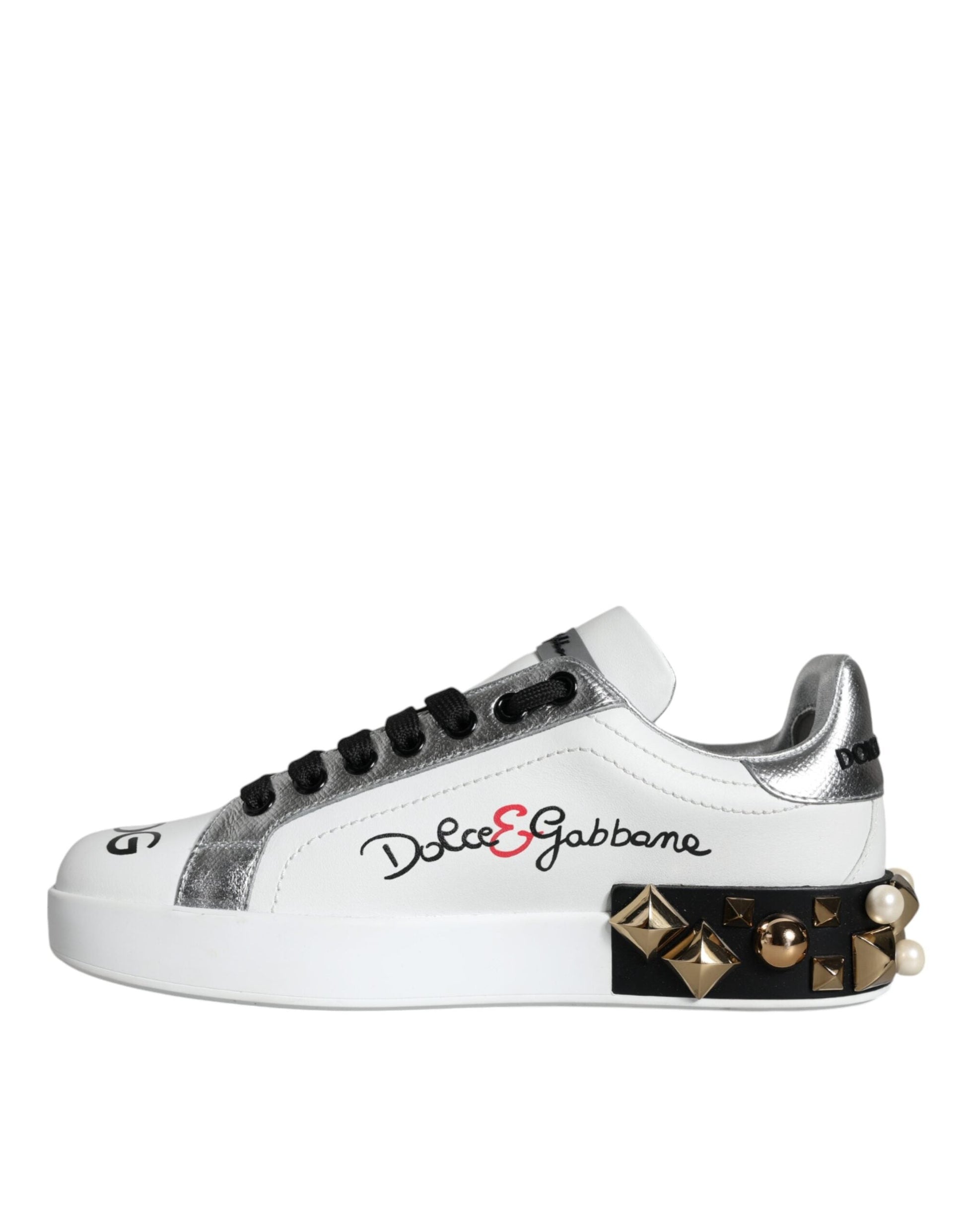 Dolce & Gabbana White Leather Floral Studded Sneakers Shoes - EU35/US5