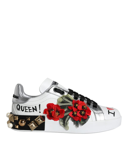 Dolce & Gabbana White Leather Floral Studded Sneakers Shoes - EU35/US5