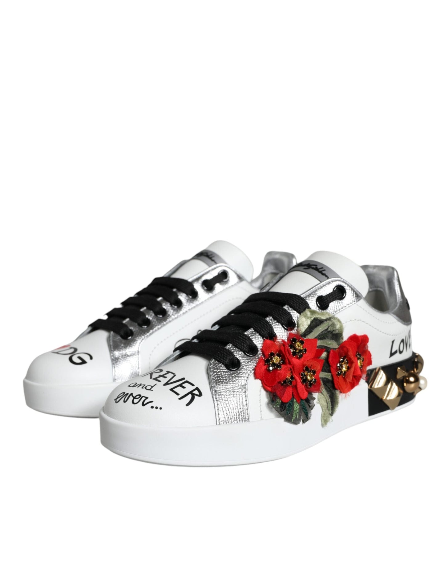 Dolce & Gabbana White Leather Floral Studded Sneakers Shoes - EU35/US5