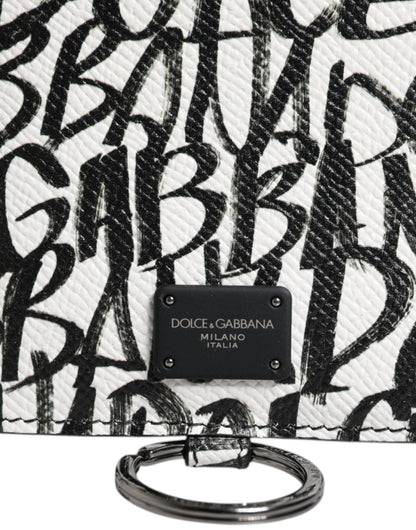 Dolce & Gabbana White Leather Lanyard Logo Print Card Holder Wallet