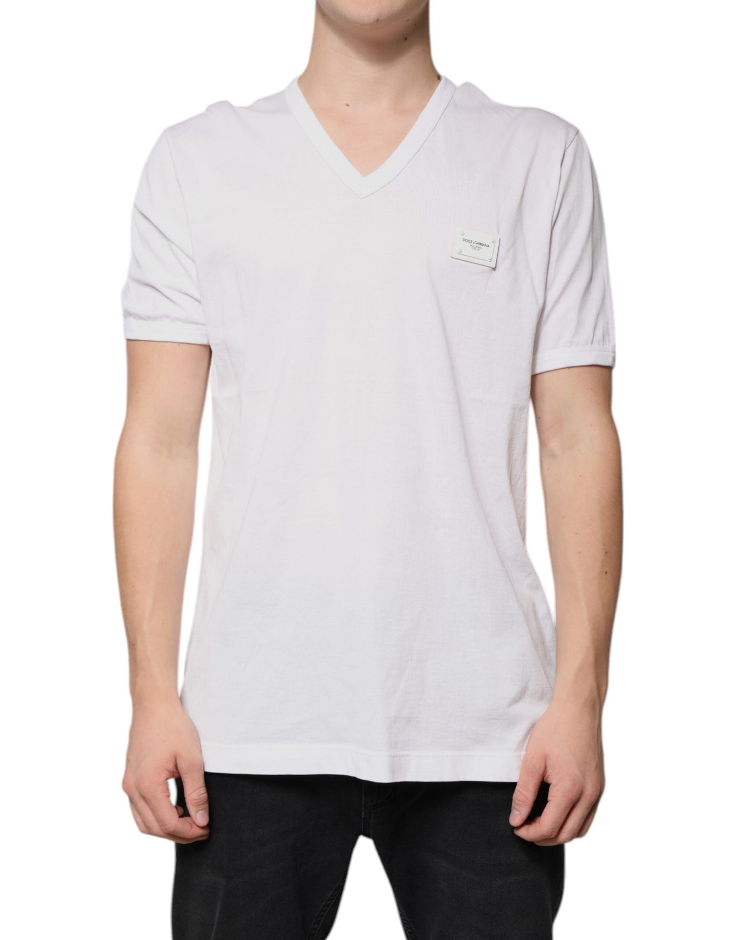 Dolce & Gabbana White Logo V-neck Short Sleeve T-shirt - IT56 | XXL