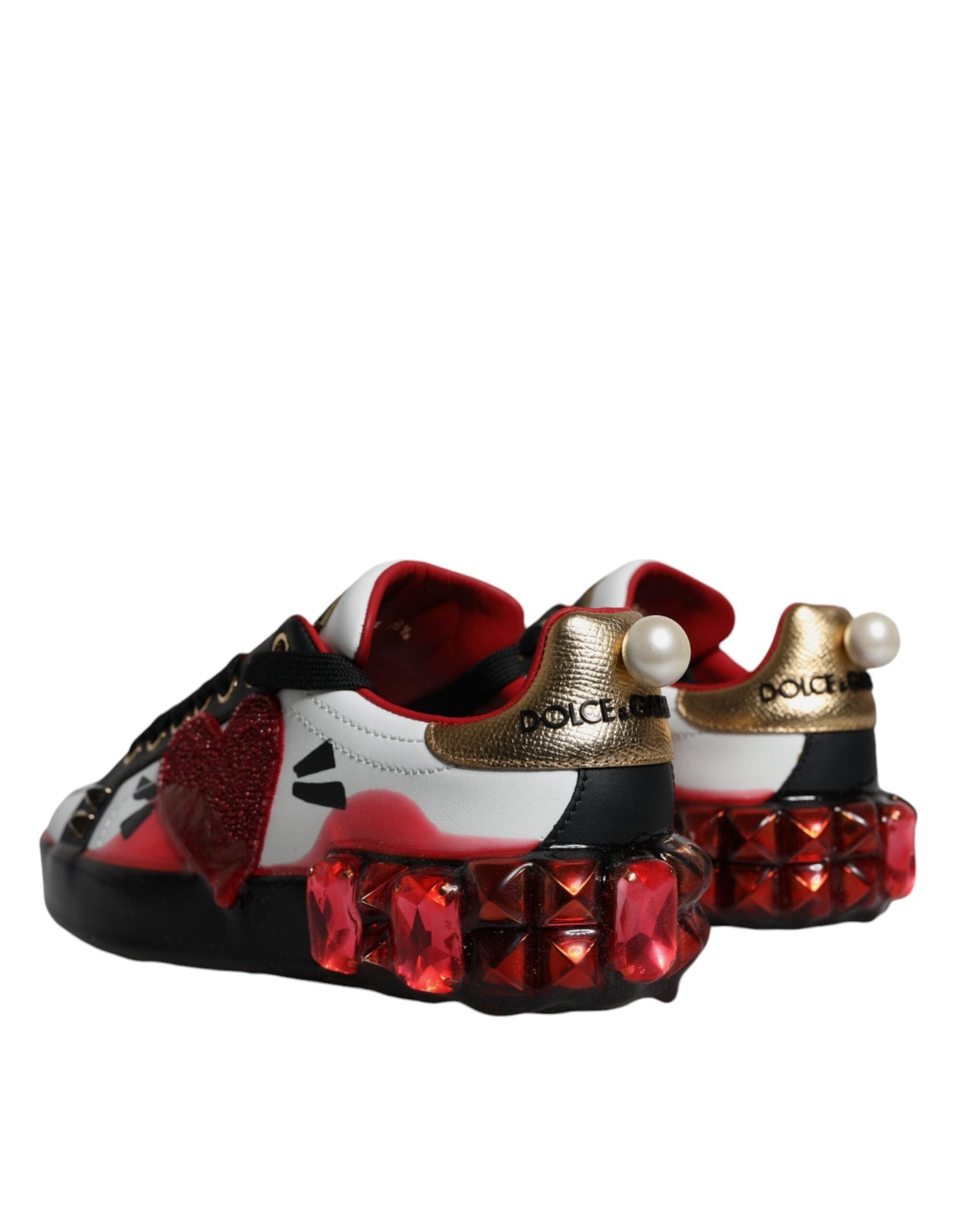 Dolce & Gabbana White Red Crystals Leather Portofino Sneakers Shoes - EU36.5/US6.5