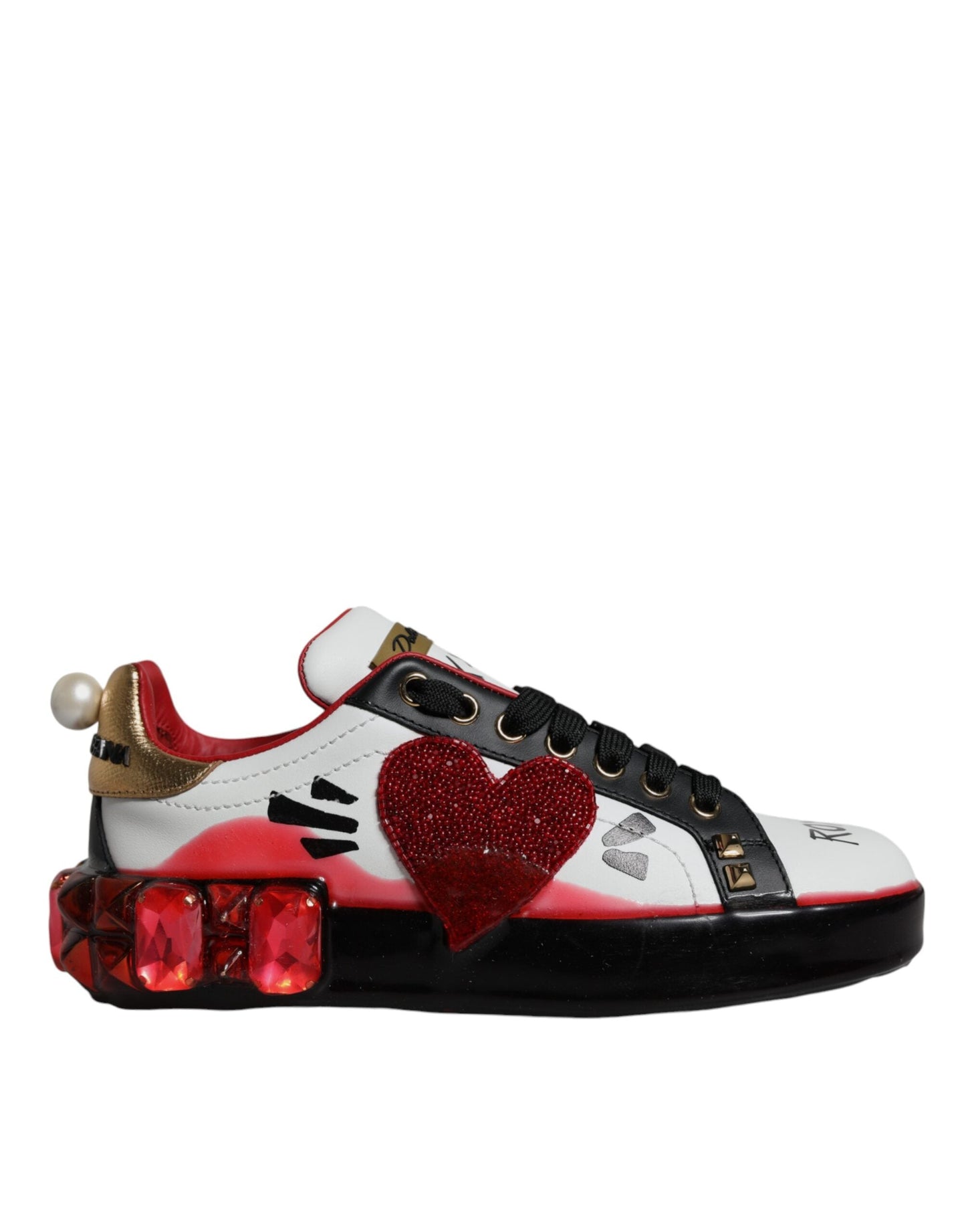 Dolce & Gabbana White Red Crystals Leather Portofino Sneakers Shoes - EU36.5/US6.5