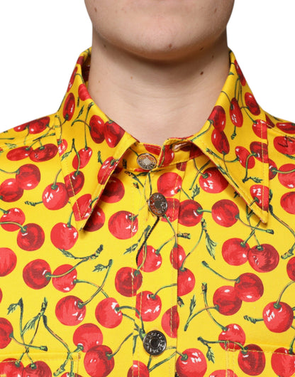 Dolce & Gabbana Yellow Cherry Button Down Men Casual Shirt - IT54 | XL