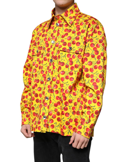 Dolce & Gabbana Yellow Cherry Button Down Men Casual Shirt - IT54 | XL