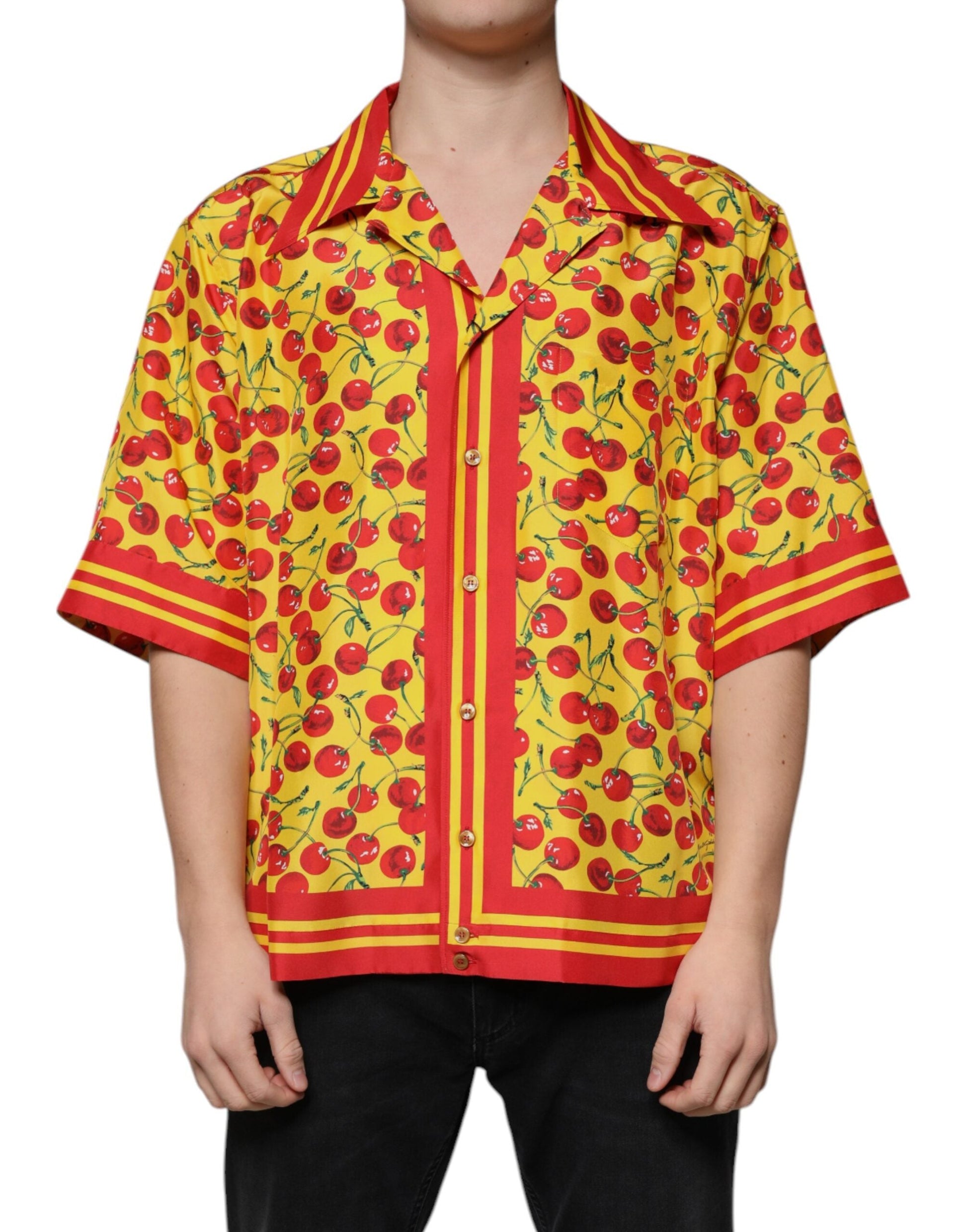 Dolce & Gabbana Yellow Cherry Button Down Silk Casual Shirt - IT43 | 2XL