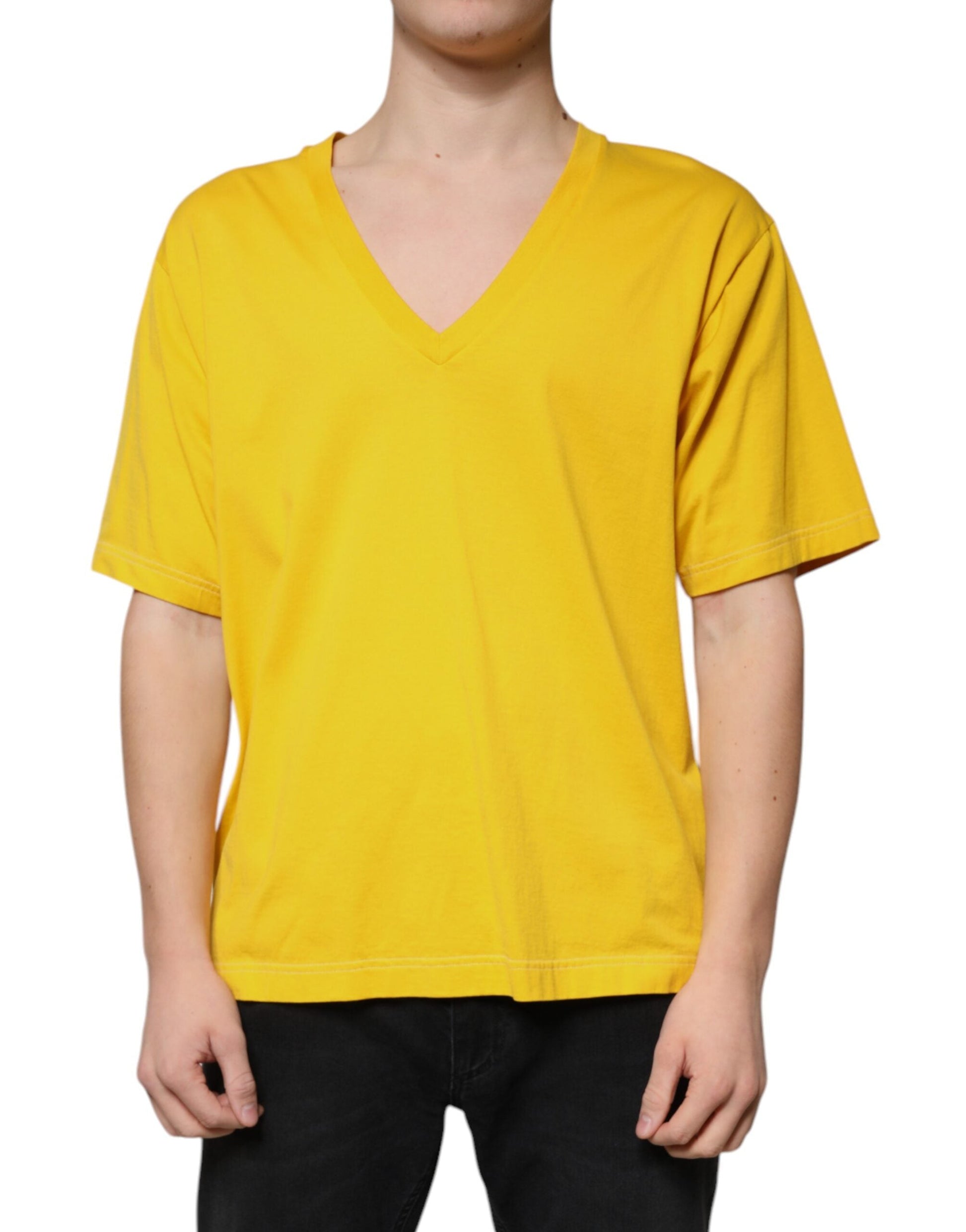 Dolce & Gabbana Yellow Cotton V-neck Short Sleeves T-shirt - IT54 | XL