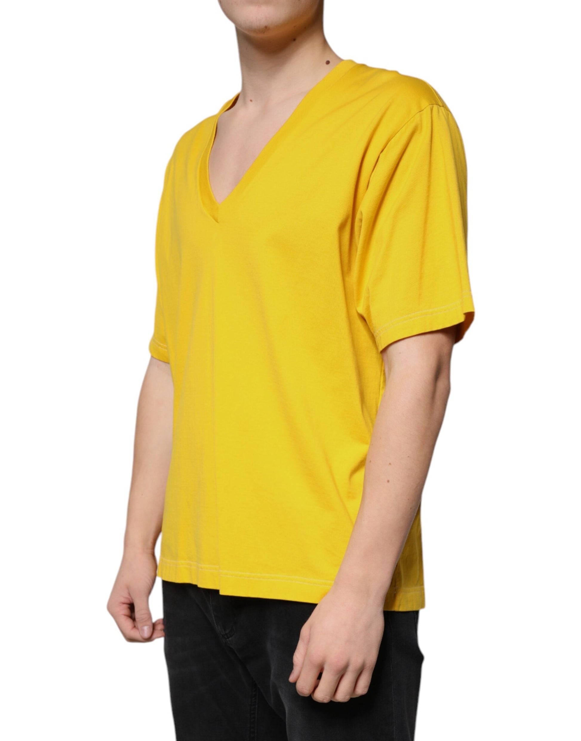 Dolce & Gabbana Yellow Cotton V-neck Short Sleeves T-shirt - IT54 | XL