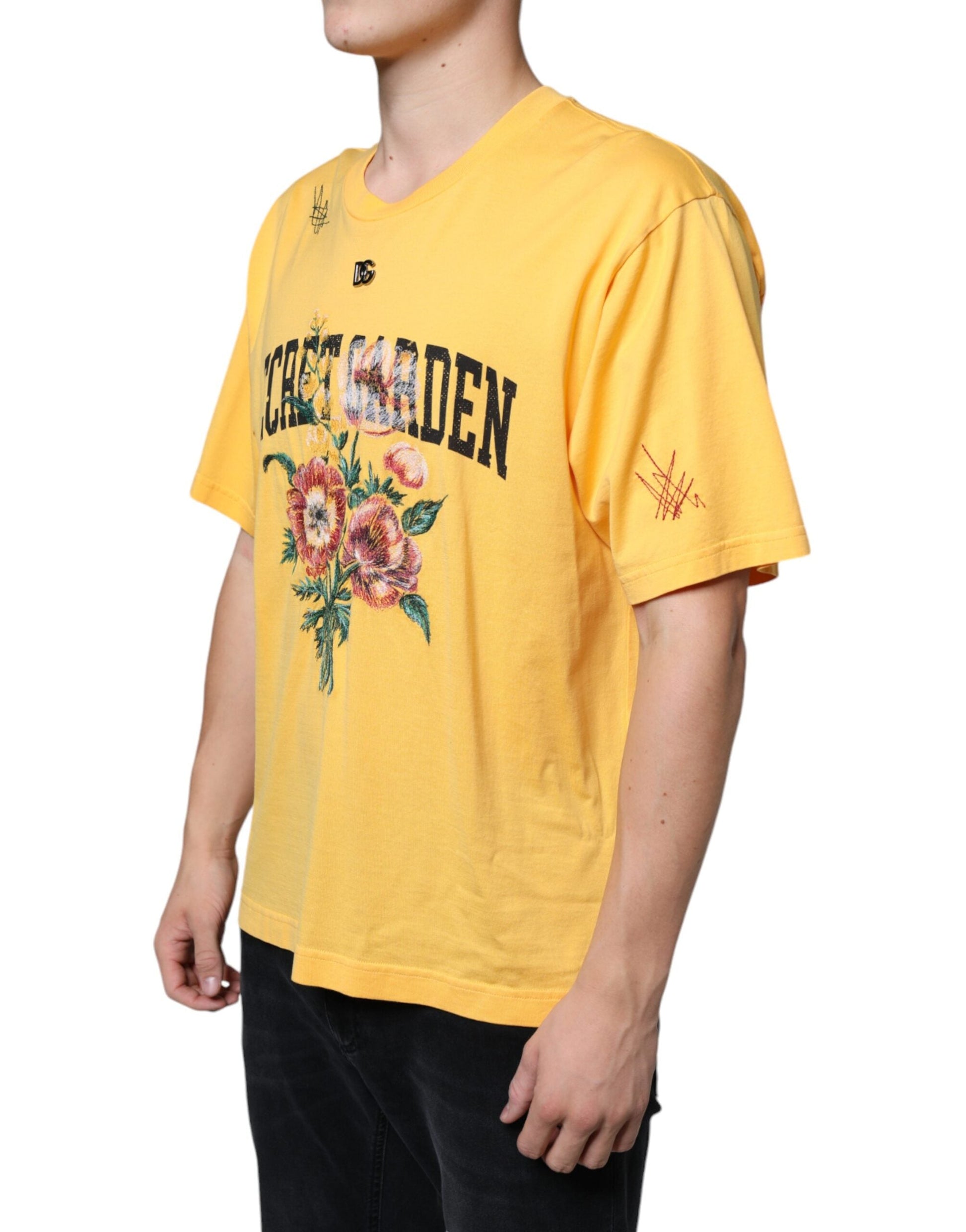 Dolce & Gabbana Yellow Secret Graden Floral Cotton Crew Neck T-shirt - IT48 | M