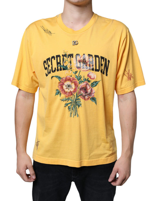 Dolce & Gabbana Yellow Secret Graden Floral Cotton Crew Neck T-shirt - IT48 | M