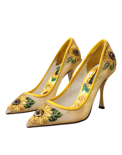 Dolce & Gabbana Yellow Sunflower Mesh Heels Pumps Shoes - EU36/US5.5