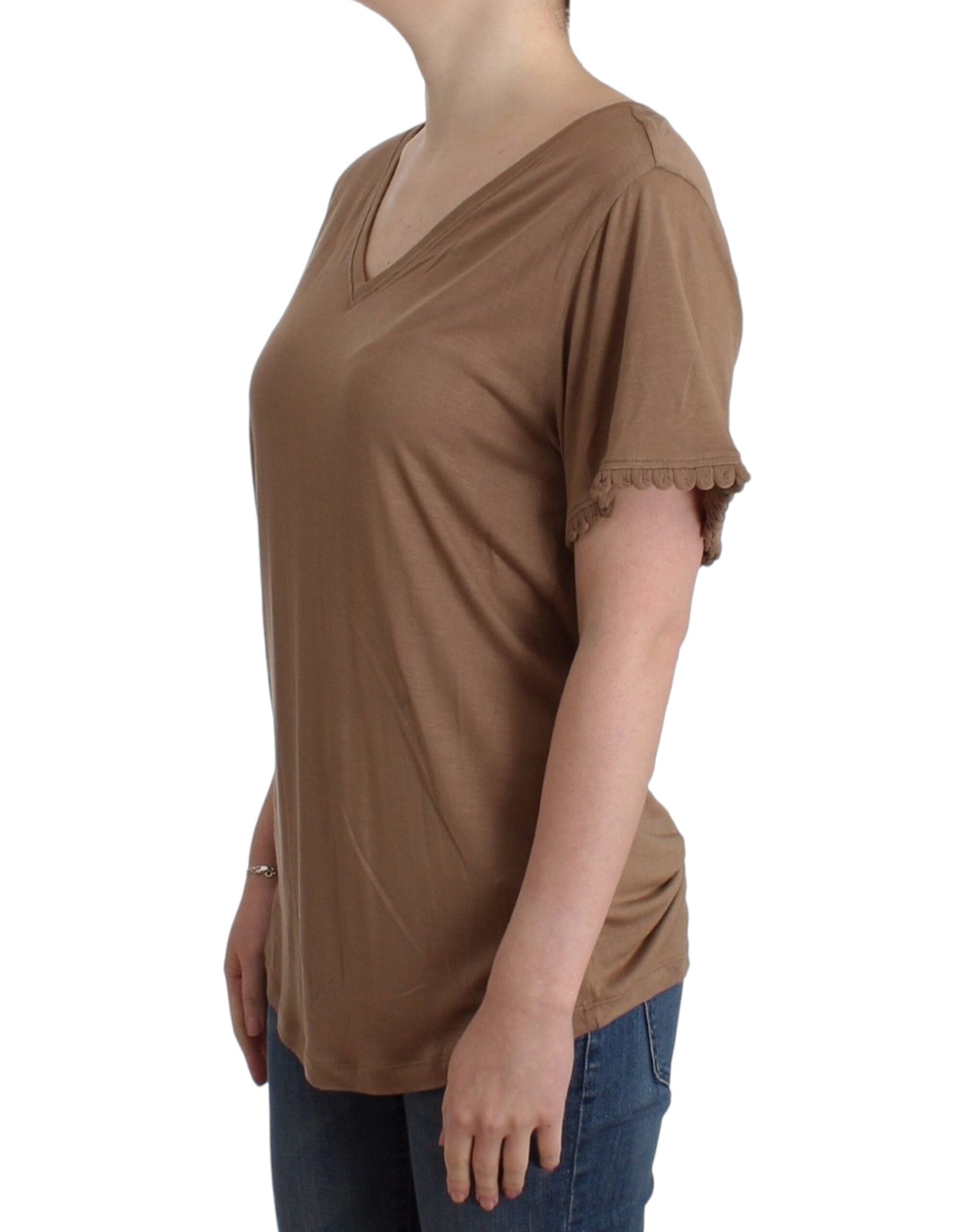 John Galliano Elegant Short-Sleeved Brown Rayon Top - S