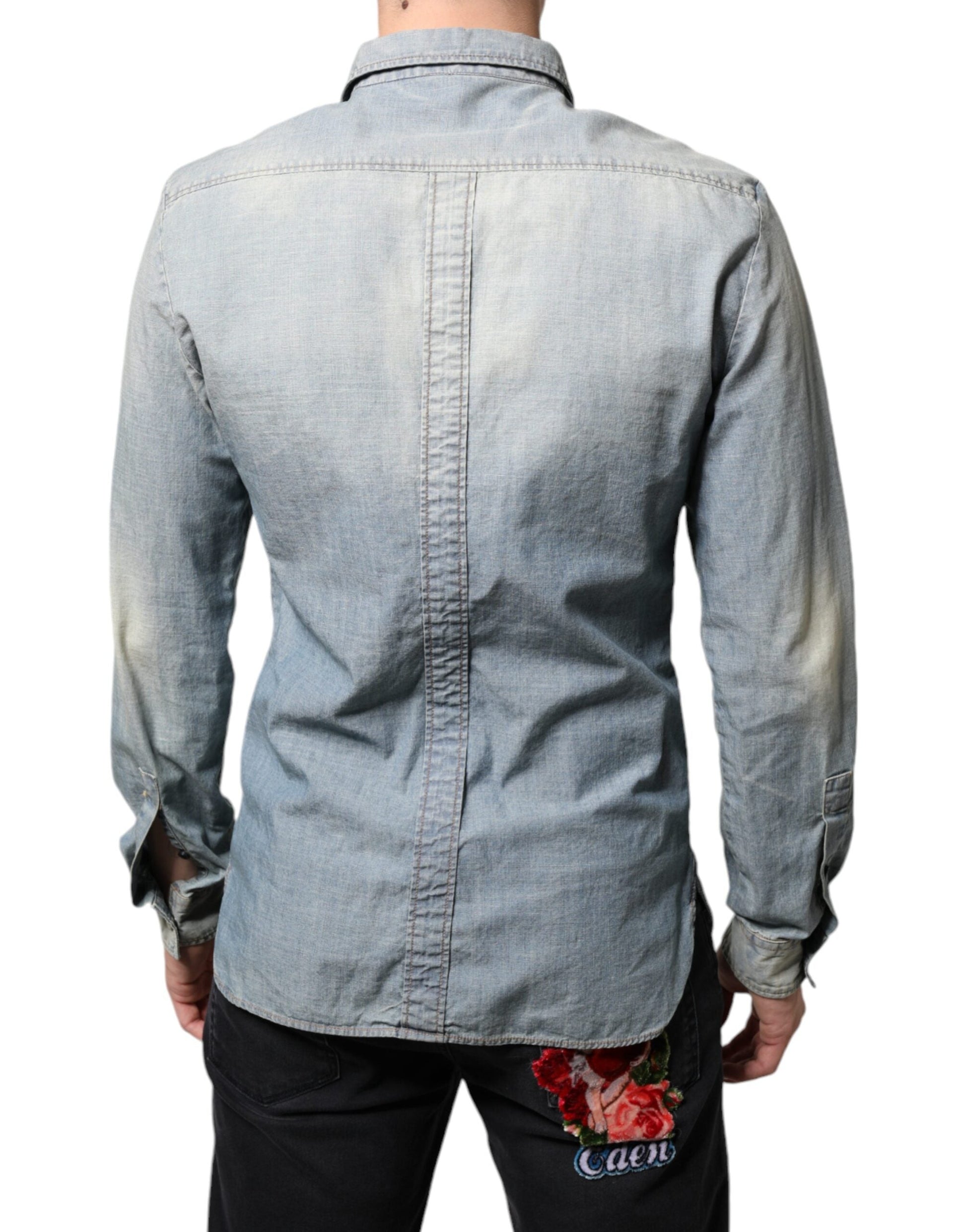 John Galliano Light Blue Printed Cotton Denim Long Sleeves Shirt - IT38 | XS