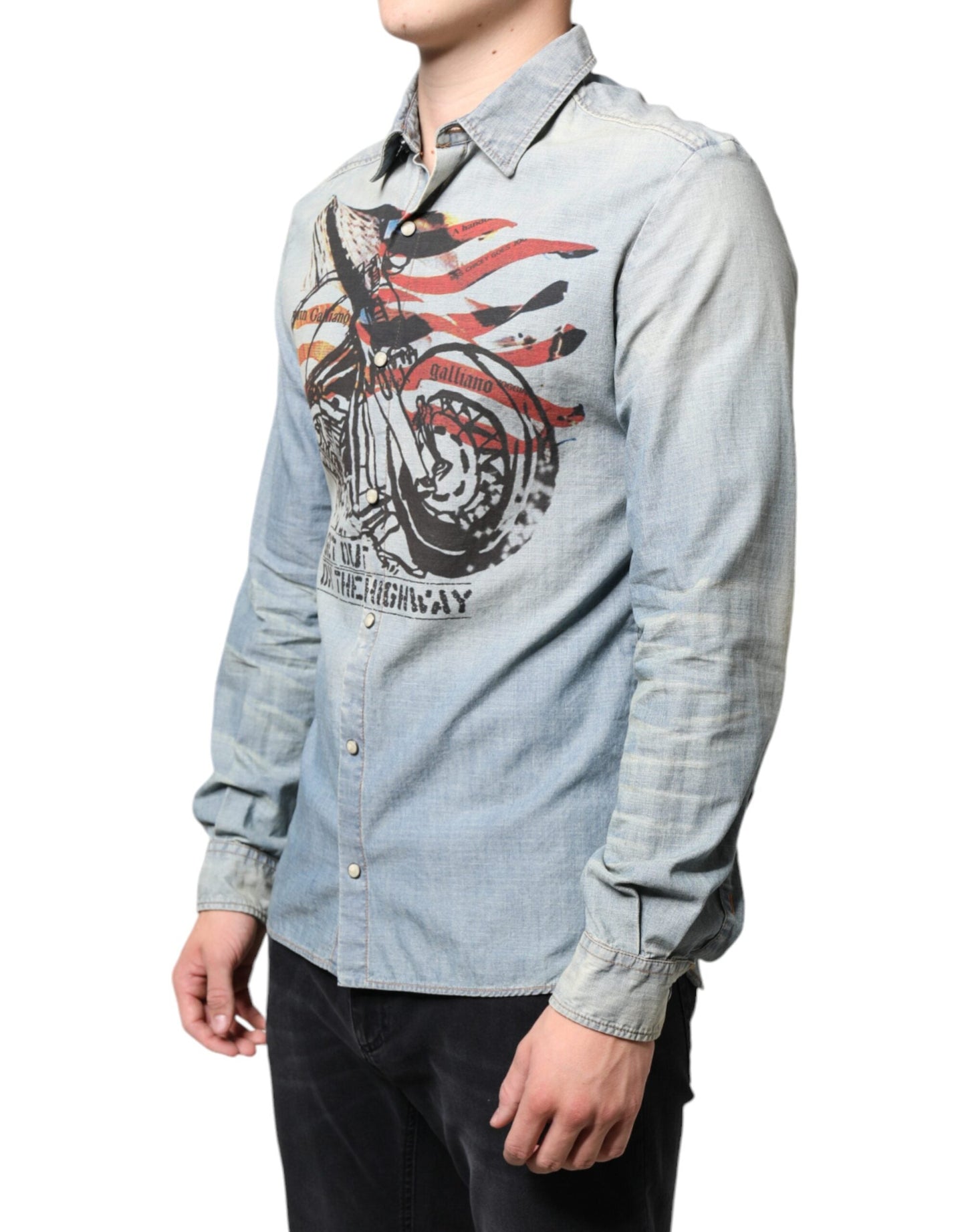 John Galliano Light Blue Printed Cotton Denim Long Sleeves Shirt - IT38 | XS