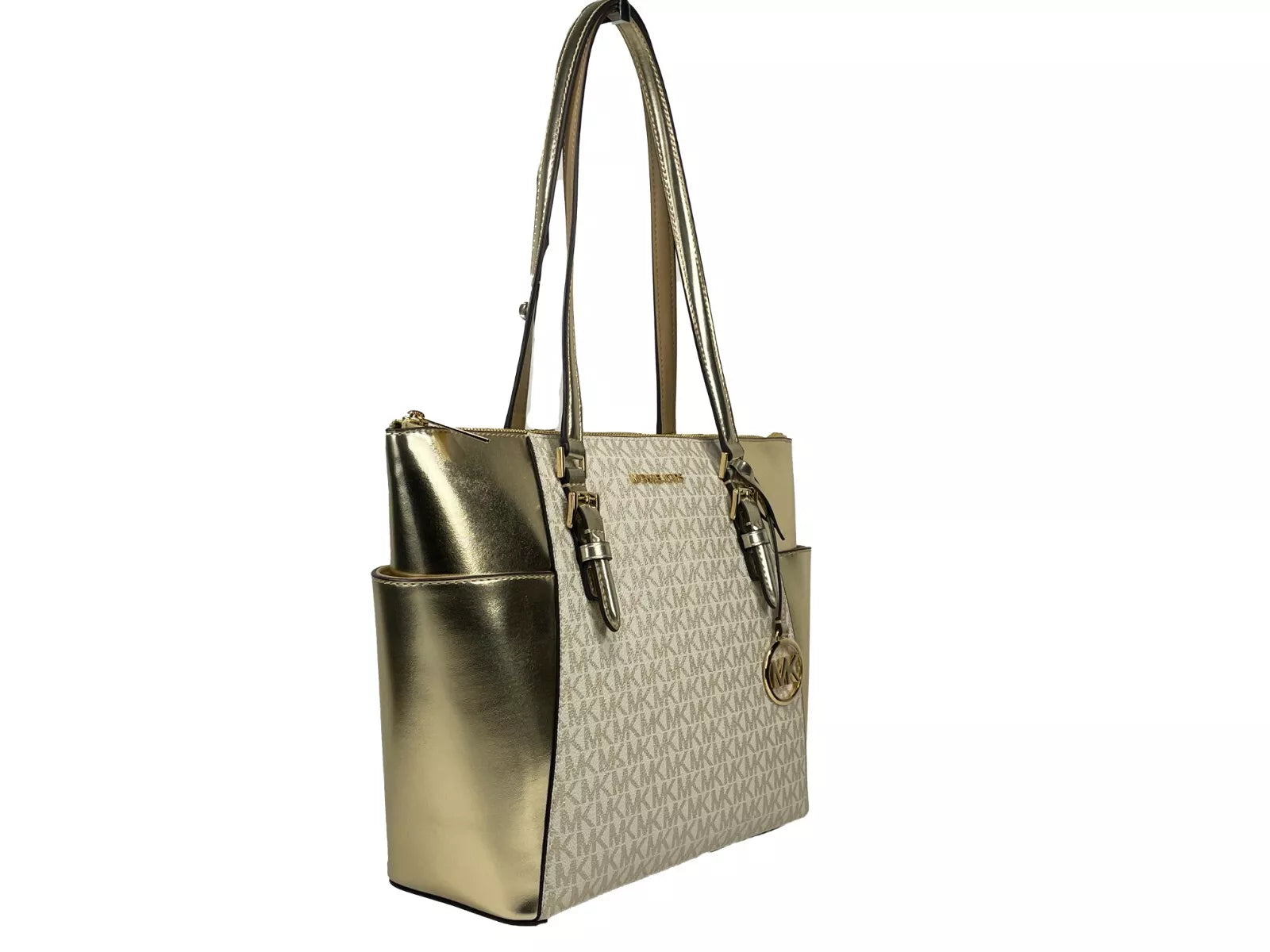 Michael Kors Charlotte Large Leather Top Zip Tote Bag Purse Gold