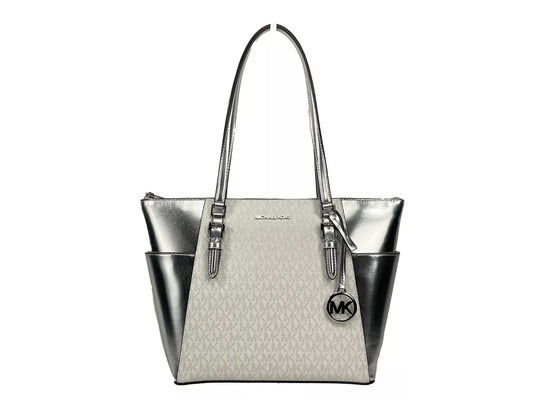 Michael Kors Charlotte Large Leather Top Zip Tote Bag Purse Silver