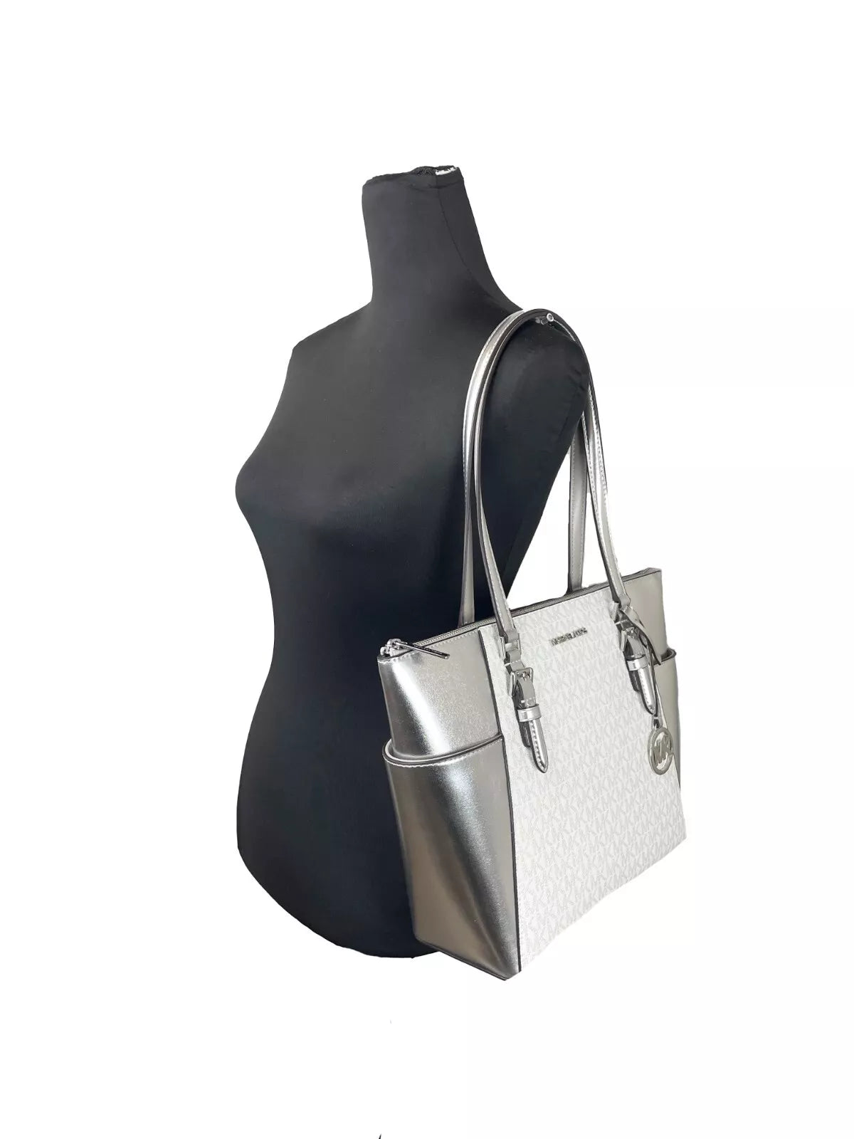 Michael Kors Charlotte Large Leather Top Zip Tote Bag Purse Silver