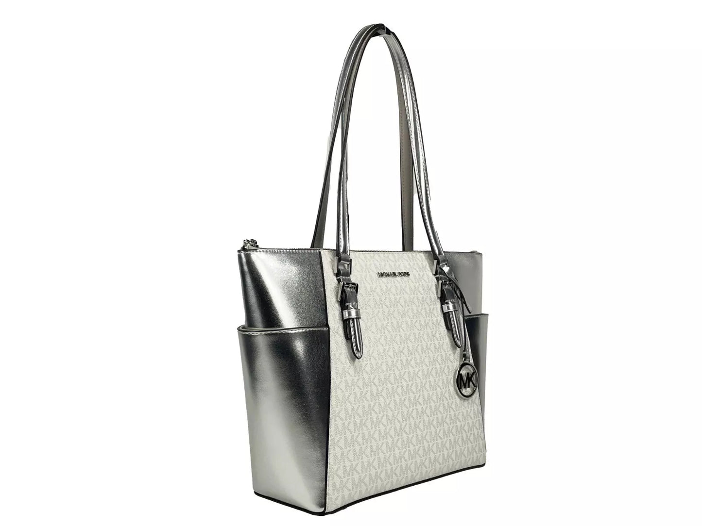 Michael Kors Charlotte Large Leather Top Zip Tote Bag Purse Silver