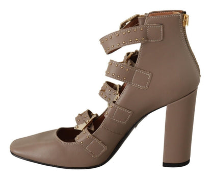 MY TWIN Elegant Leather Multi-Buckle Heels in Brown - EU37/US6.5