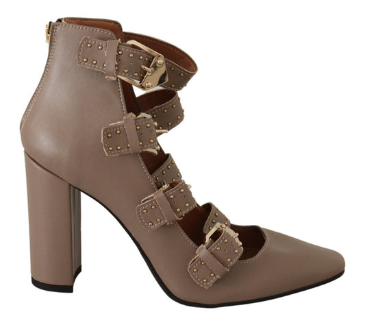 MY TWIN Elegant Leather Multi-Buckle Heels in Brown - EU37/US6.5