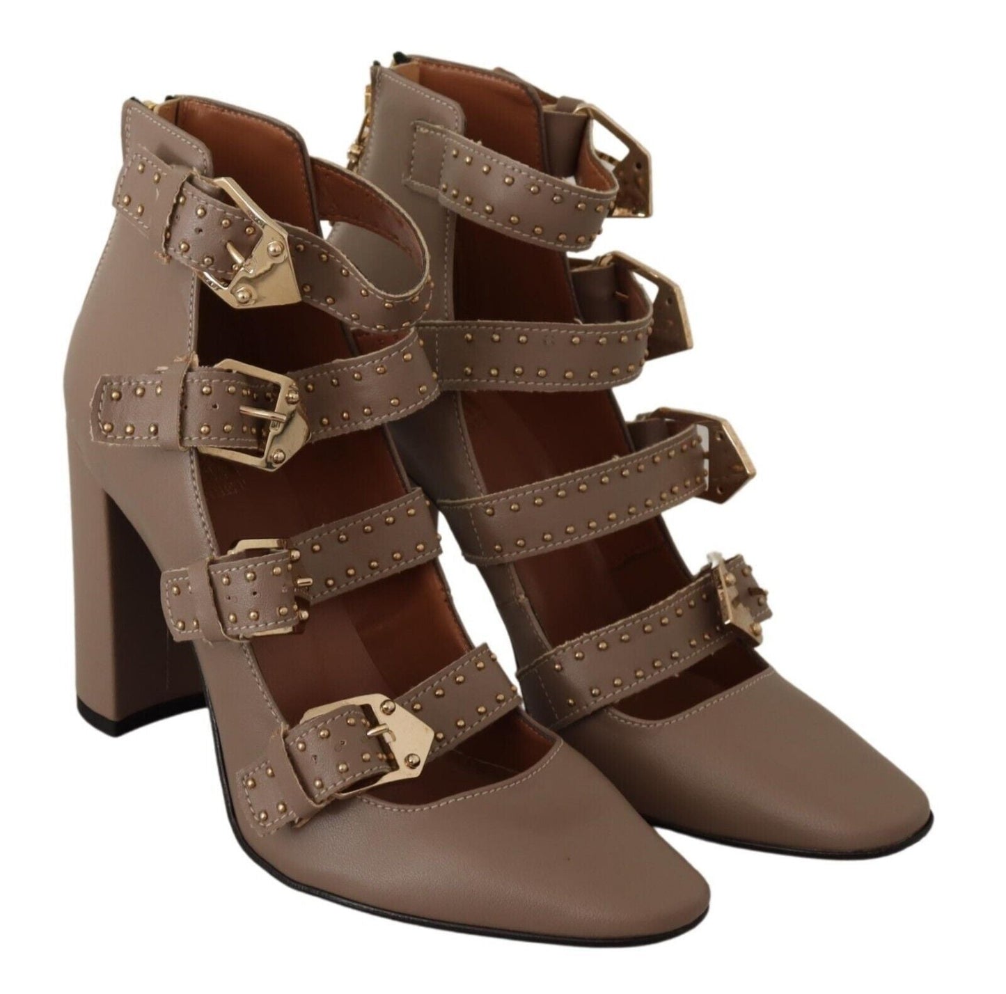 MY TWIN Elegant Leather Multi-Buckle Heels in Brown - EU37/US6.5