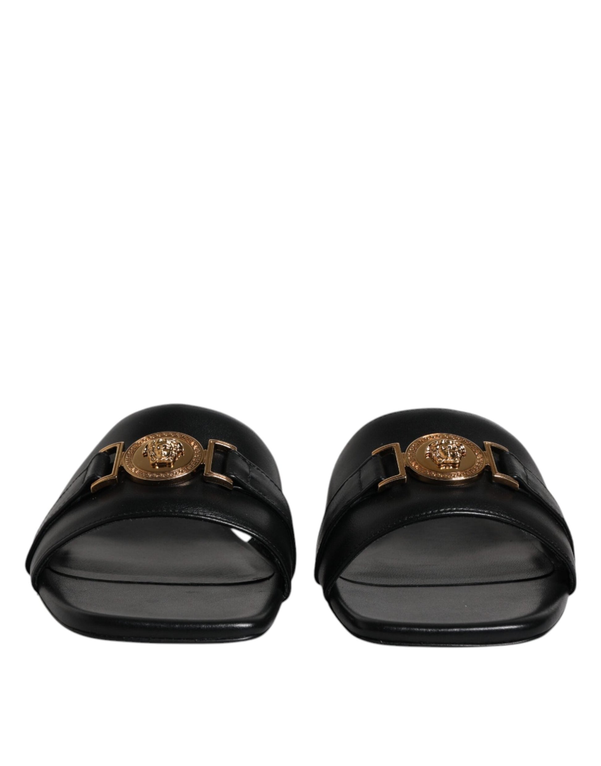 Versace Black Leather Logo Plaque Slip On Slides Flats Shoes - EU36/US6