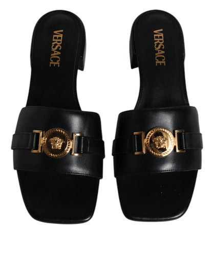 Versace Black Leather Logo Plaque Slip On Slides Flats Shoes - EU36/US6