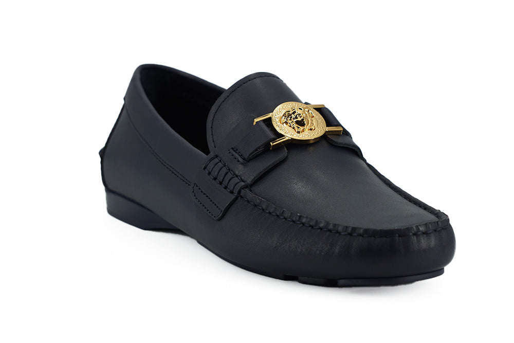 Versace Elegant Navy Blue Calf Leather Loafers